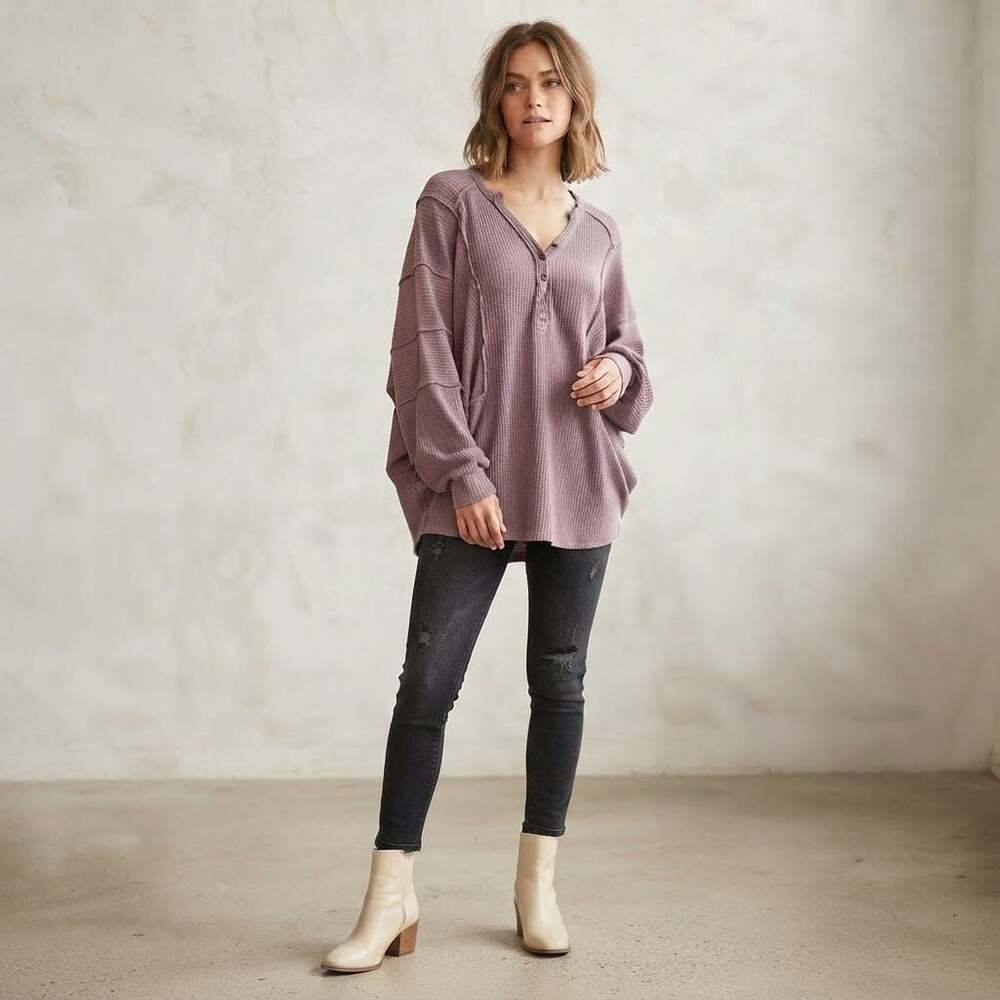 We The Free Callisto Thermal Waffle Knit Henley Top Distressed Hems